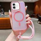 For iPhone 16 Plus Bright Shadow  Magsafe Discoloration Phone Case with Wrist Strap(Pink) - 1