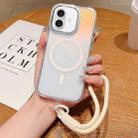 For iPhone 16 Plus Bright Shadow  Magsafe Discoloration Phone Case with Wrist Strap(White) - 1