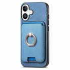 For iPhone 16 Retro Cross Leather Card Bag MagSafe Phone Case(Blue) - 2