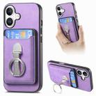 For iPhone 16 Retro Folding Ring Holder Card Bag MagSafe Phone Case(Purple) - 1