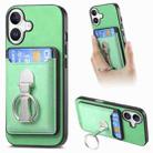 For iPhone 16 Retro Folding Ring Holder Card Bag MagSafe Phone Case(Green) - 1