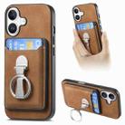 For iPhone 16 Plus Retro Folding Ring Holder Card Bag MagSafe Phone Case(Brown) - 1