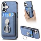 For iPhone 16 Plus Retro Folding Ring Holder Card Bag MagSafe Phone Case(Blue) - 1