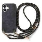 For iPhone 16 Plus Vintage Leather PC Back Cover Phone Case with Crossbody Strap(Black) - 2