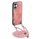 For iPhone 16 Plus Vintage Leather PC Back Cover Phone Case with Crossbody Strap(Pink) - 1