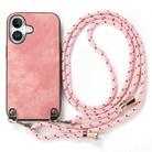 For iPhone 16 Plus Vintage Leather PC Back Cover Phone Case with Crossbody Strap(Pink) - 2