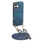 For iPhone 16 Plus Vintage Leather PC Back Cover Phone Case with Crossbody Strap(Blue) - 1