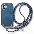 For iPhone 16 Plus Vintage Leather PC Back Cover Phone Case with Crossbody Strap(Blue) - 2