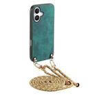 For iPhone 16 Plus Vintage Leather PC Back Cover Phone Case with Crossbody Strap(Green) - 1