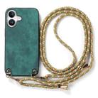 For iPhone 16 Plus Vintage Leather PC Back Cover Phone Case with Crossbody Strap(Green) - 2