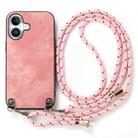 For iPhone 16 Vintage Leather PC Back Cover Phone Case with Crossbody Strap(Pink) - 2