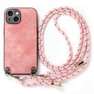 For iPhone 14 Plus Vintage Leather PC Back Cover Phone Case with Crossbody Strap(Pink) - 2