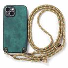 For iPhone 14 Plus Vintage Leather PC Back Cover Phone Case with Crossbody Strap(Green) - 2