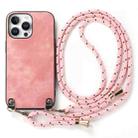 For iPhone 13 Pro Max Vintage Leather PC Back Cover Phone Case with Crossbody Strap(Pink) - 2