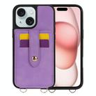 For iPhone 15 Crossbody Skin Card Bag Lanyard Phone Case(Purple) - 1