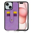 For iPhone 15 Plus Crossbody Skin Card Bag Lanyard Phone Case(Purple) - 1