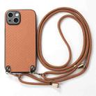 For iPhone 15 Pro Max Carbon Fiber Texture Leather Back Phone Case with Crossbody Strap(Brown) - 2