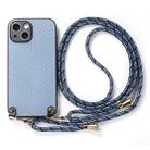For iPhone 13 Pro Max Carbon Fiber Texture Leather Back Phone Case with Crossbody Strap(Blue) - 2