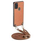 For Samsung Galaxy A21s Carbon Fiber Texture Leather Back Cover Phone Case with Crossbody Strap(Brown) - 1