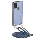 For Samsung Galaxy A21s Carbon Fiber Texture Leather Back Cover Phone Case with Crossbody Strap(Blue) - 1