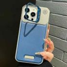 For iPhone 12 Pro Metal Holder Plain Leather MagSafe Phone Case(Blue) - 1