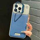 For iPhone 13 Pro Max Metal Holder Plain Leather MagSafe Phone Case(Blue) - 1