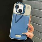 For iPhone 14 Metal Holder Plain Leather MagSafe Phone Case(Blue) - 1