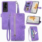 For TCL 50 5G Embossed Flower Zipper Leather Phone Case(Purple) - 1