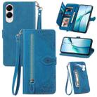 For Samsung Galaxy S25 Edge 5G Embossed Flower Zipper Leather Phone Case(Blue) - 1
