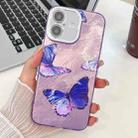 For iPhone 16 Plus Plating Texture Butterfly TPU Phone Case with Glitter Lens Film(Purple Butterflies HU4) - 1