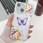 For iPhone 15 Plating Texture Butterfly TPU Phone Case with Glitter Lens Film(Flowers Butterflies HU1) - 1