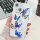 For iPhone 15 Plating Texture Butterfly TPU Phone Case with Glitter Lens Film(Blue Butterflies HU3) - 1