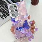 For Samsung Galaxy S23 Ultra 5G Plating Texture Butterfly Wristband TPU Phone Case with Glitter Lens Film(Purple Butterflies HU4) - 1