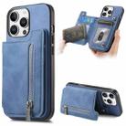 For iPhone 16 Pro Retro MagSafe Zipper Wallet Card Bag Back Phone Case(Blue) - 1