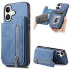 For iPhone 16 Plus Retro MagSafe Zipper Wallet Card Bag Back Phone Case(Blue) - 1