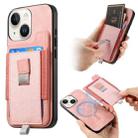 For iPhone 15 Plus Retro Magsafe Cross Leather Pull-Out Card Bag Back Phone Case(Pink) - 1