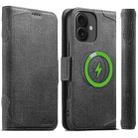 For iPhone 16 Suteni J07 Multi-functional Horizontal MagSafe Denim Leather Phone Case(Black) - 1