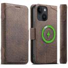 For iPhone 15 Plus Suteni J07 Multi-functional Horizontal MagSafe Denim Leather Phone Case(Brown) - 1