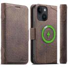 For iPhone 14 Plus Suteni J07 Multi-functional Horizontal MagSafe Denim Leather Phone Case(Brown) - 1