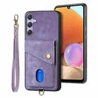 For Samsung Galaxy S25 5G Retro Card Wallet Fold Leather Phone Case with Strap(Purple) - 1