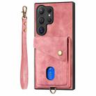 For Samsung Galaxy S25 Ultra 5G Retro Card Wallet Fold Leather Phone Case with Strap(Pink) - 2