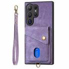 For Samsung Galaxy S25 Ultra 5G Retro Card Wallet Fold Leather Phone Case with Strap(Purple) - 2