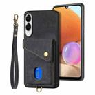For Samsung Galaxy S25 Edge 5G Retro Card Wallet Fold Leather Phone Case with Strap(Black) - 1