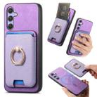 For Samsung Galaxy M14 5G Retro Cross Leather Ring Vertical Insert Card Bag MagSafe Phone Case(Purple) - 1