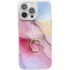 For iPhone 16 Pro Max Electroplated Marble Texture Ring Holder Phone Case(Gold Pink Red S12) - 1