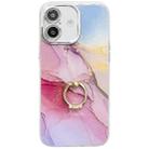 For iPhone 16 Plus Electroplated Marble Texture Ring Holder Phone Case(Gold Pink Red S12) - 1