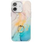 For iPhone 16 Plus Electroplated Marble Texture Ring Holder Phone Case(Yellow Green S13) - 1