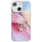 For iPhone 15 Electroplated Marble Texture Ring Holder Phone Case(Gold Pink Red S12) - 1