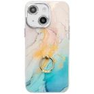 For iPhone 15 Electroplated Marble Texture Ring Holder Phone Case(Yellow Green S13) - 1