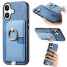 For iPhone 16 Plus Retro Cross Leather Ring Side Insert Card Bag MagSafe Phone Case(Blue) - 1